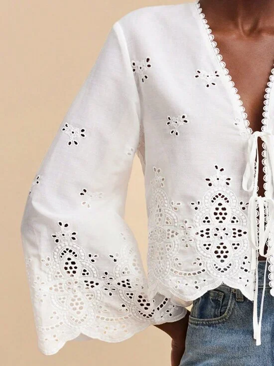 White Casual Women's V Neck Flare Sleeves Blouse - Picture 1 of 10